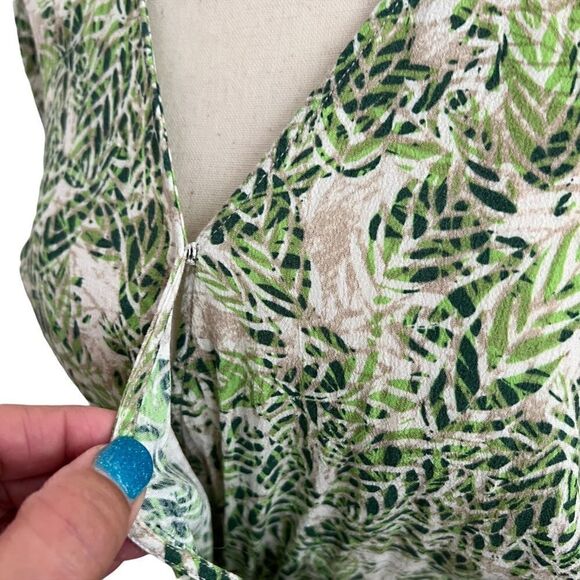 CAbi Style 280 Green + Tan Leaf Print Faux Wrap Dress w/ Collar Small - Picture 3 of 9